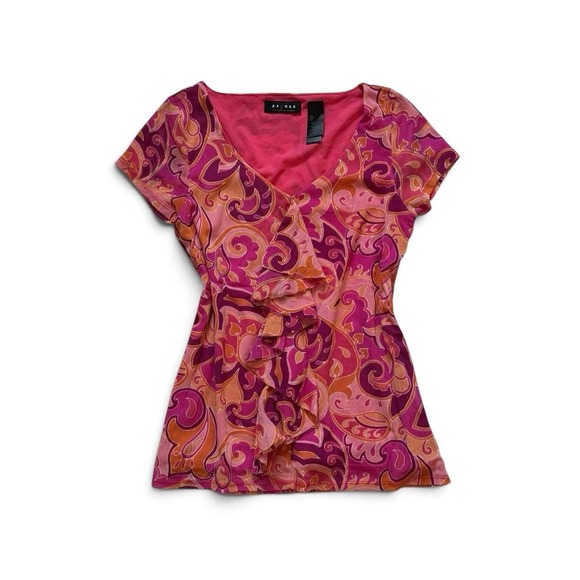 Axcess by Liz Claiborne Tops - Axcess Liz Claiborne Pink Paisley Ruffle Wrap Top V-Neck Y2K Boho Mesh Sz S